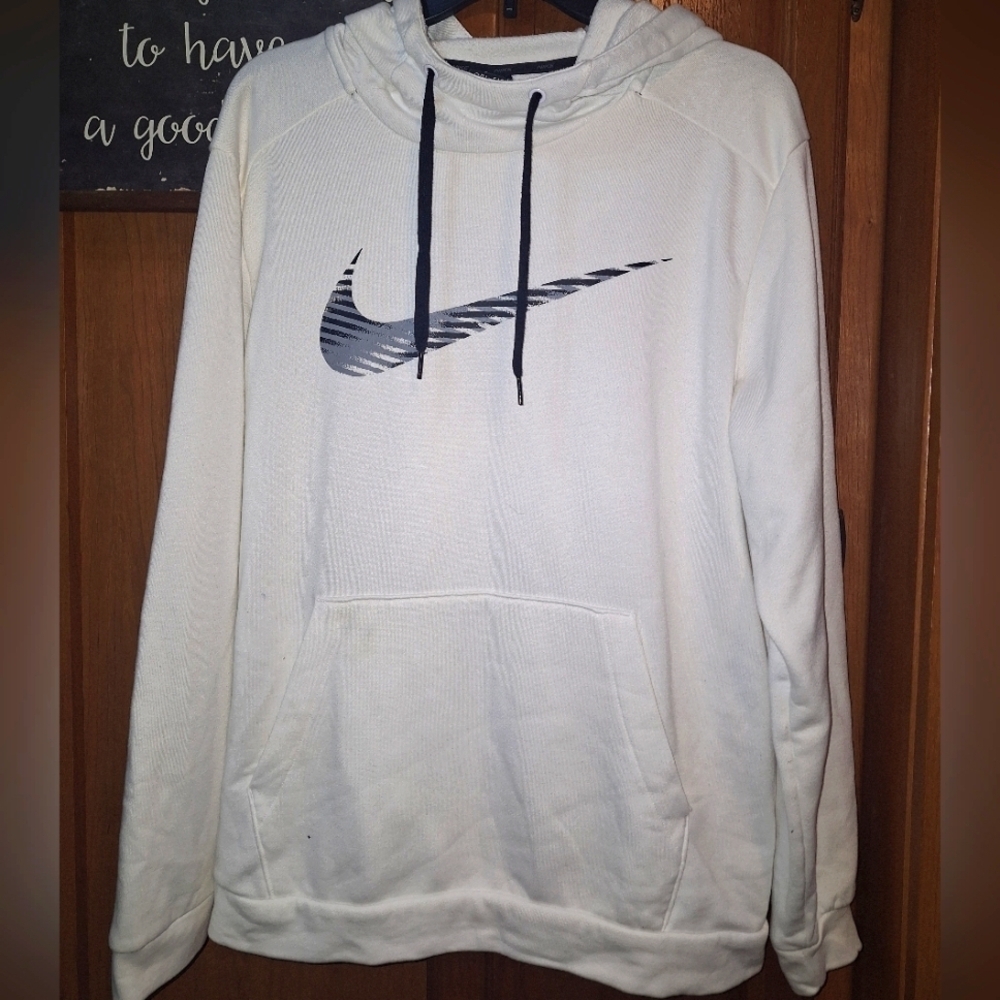Nike White Dri-fit Hoodie With Kangaroo Pocket In A Size Large. Large Swoosh.